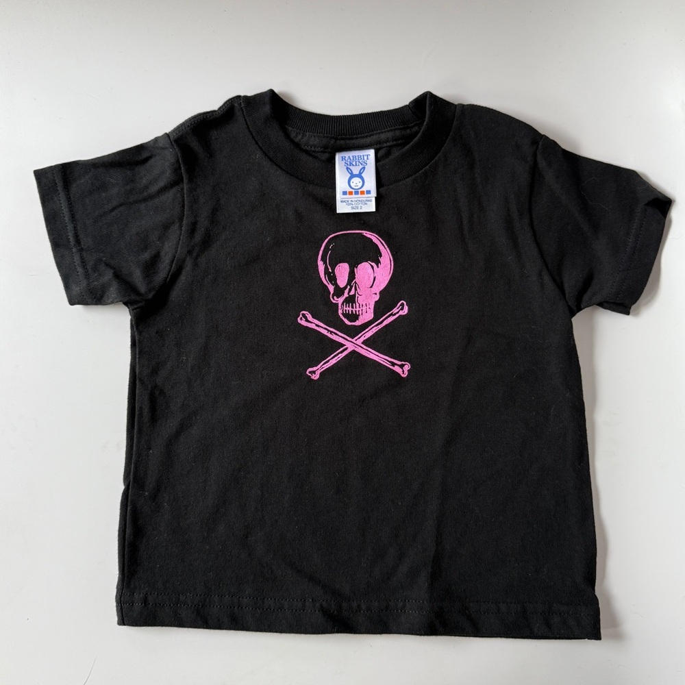 Rabbit Skins Black Tee with Pink Skull Design